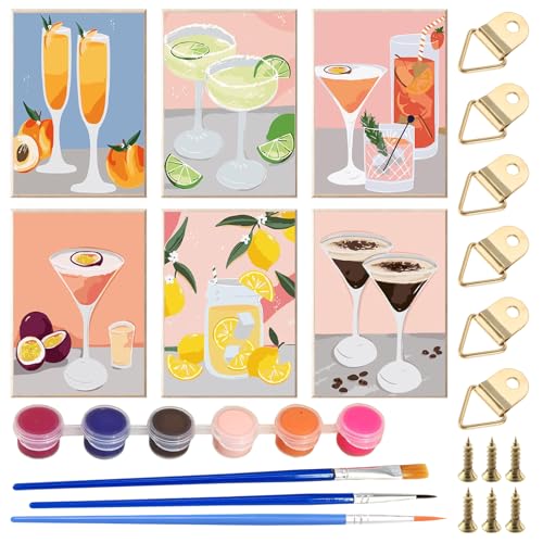 Rbleote Malen Nach Zahlen Cocktail, 6 Pcs Malen Nach Zahlen Erwachsene Set, Enthält Acrylfarbe, Hakenstift Und Metallhaken, DIY-Entspannung, Geeignet für Geschenk, Home Wand (30×20cm) von Rbleote