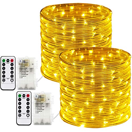 RcStarry 2 Stück Durchmesser 3mm Batterie LED Lichtschlauch Außen, 100 LEDs 10 Meter Wasserdicht Schlauch Lichterkette 8 Modi mit Fernbedienung Dekoration für Weihnachten, Garten, Hochzeit - Warmweiß von RcStarry