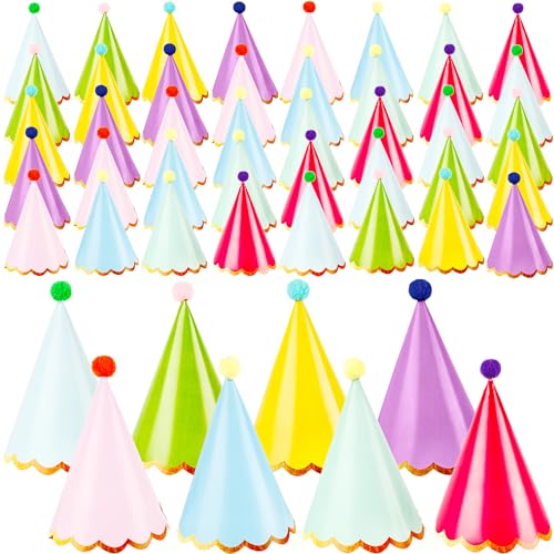 Rcanedny Bunte Papierhüte mit Pompons, Partyhüte für Geburtstag, Neujahr, Campus, Party, Gastgeschenk, 48 Stück von Rcanedny
