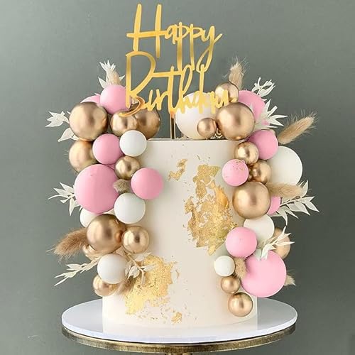 Tortendeko Kugeln Geburtstag, 50 Pcs Happy Birthday Tortendeko, Boho Cake Topper Geburtstag, Goldene Schaum Ball Kuchen Deko für Geburtstage, Hochzeiten, Babyparty (Rosa) von Rdddhur