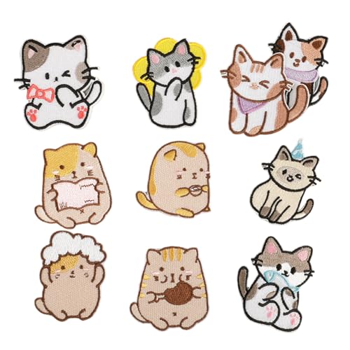 Rdxanc 10 Stück Cartoon Katzen bestickte Flicken zum Aufbügeln auf Tier-Reparaturflicken zum Aufnähen auf Applikationen für Kleidung Tasche von Rdxanc