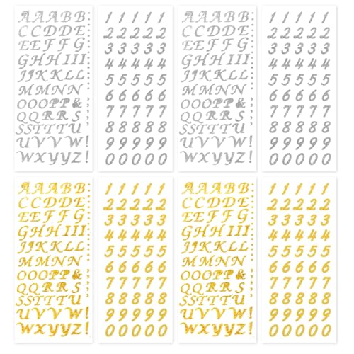 Glitzer Buchstaben Aufkleber 8 Blätter Klebebuchstaben Selbstklebend Alphabet Zahlen Sticker zum Basteln Scrapbooking (Gold, Silber) von ReaJoys