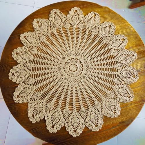 ReachMall Runde Vintage-Spitzentischdecke, 75 x 80 cm, handgefertigt, gehäkelt, hohlgestrickt, Baumwolle, Tischdecke für Hochzeiten, Partys und Familienfeiern, Dekor (75–80 cm, Beige) von ReachMall
