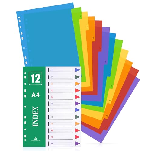 A4-Akten-Trennblätter, 5 Stück, 12-teilige Fächer-Trennblätter, mehrfach gelocht in verschiedenen Farben, Kunststoff-Kartenordner, Ringbuch-Trennblätter für Zuhause, Schule, Büro A4-Akten-Trennblätter, 5 Stück, 12-teilige Fächer-Trennblätter, mehrfach gelocht in verschiedenen Farben, Kunststoff-Kartenordner, Ringbuch-Trennblätter für Zuhause, Schule, Büro von Reaeonat