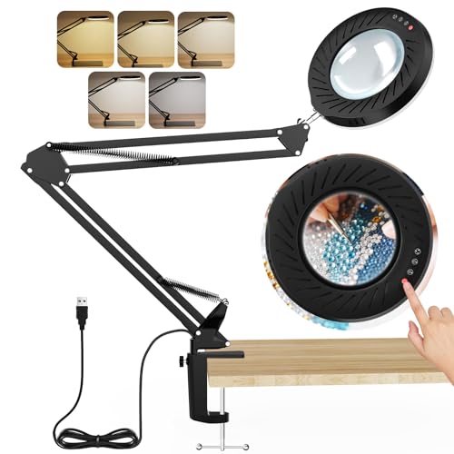 RealPlus 10X Lupe mit Licht und Ständer (Clip), 5 Einstellbare Farben und 10 Helligkeitsstufen, Lupenlampe mit 144 LEDs, Diamond Painting Zubehör, Ideal für Handarbeit, Handarbeiten, Bücher und mehr von RealPlus