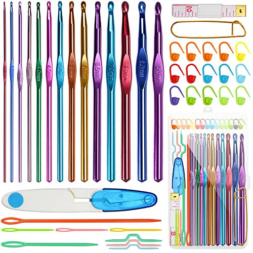 RealPlus 14-teiliges Set Aluminium-Häkelnadeln (2–10 mm), Ergonomische Aufgewertetes farbiges Häkelwerk, Griff für Anfänger, Geschenk für Schwestern [Mehrfarbig 41-tlg] von RealPlus