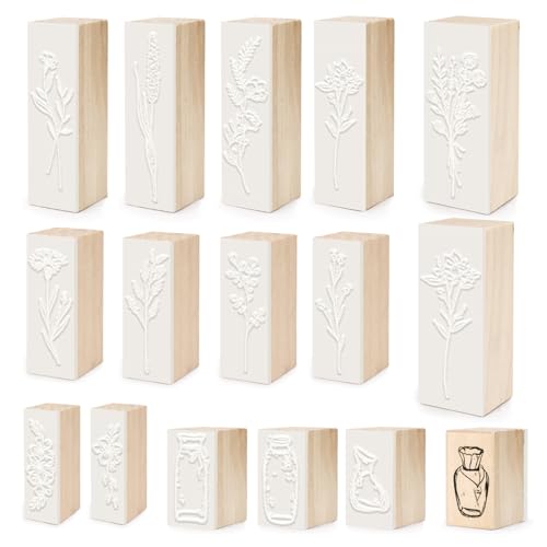 Realand 16 Stück Holz Gummistempel zum Basteln, rechteckiges Holzstempel-Set, Pflanzenflasche, Blumenstempel für Kartenherstellung, Scrapbooking, Basteln, CN-JWUK-053 von Realand