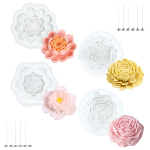 Realand Silikon-Kerzenformen, Pfingstrosen, Gänseblümchen, Hibiskus, Lotus, 3D-Kerzenherstellung, Wachs, Seife, Epoxidharz, Form zum Basteln, mit 12 Dochten, 4 Stück Realand Silikon-Kerzenformen, Pfingstrosen, Gänseblümchen, Hibiskus, Lotus, 3D-Kerzenherstellung, Wachs, Seife, Epoxidharz, Form zum Basteln, mit 12 Dochten, 4 Stück von Realand