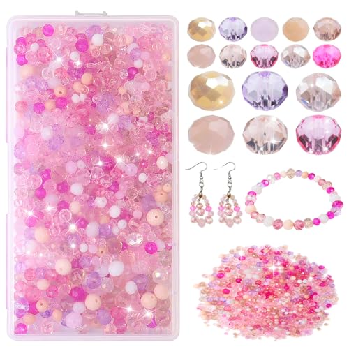 Facettierte Glasperlen Set, 1200 Stück Facettierte Perlen zum Auffädeln, 4/6/8 mm Glitzerperlen zum Basteln, Kristall Facettierte Perlen für Armbänder, Ohrringe, Halskette Schmuckherstellung (Rosa) von Realjoy