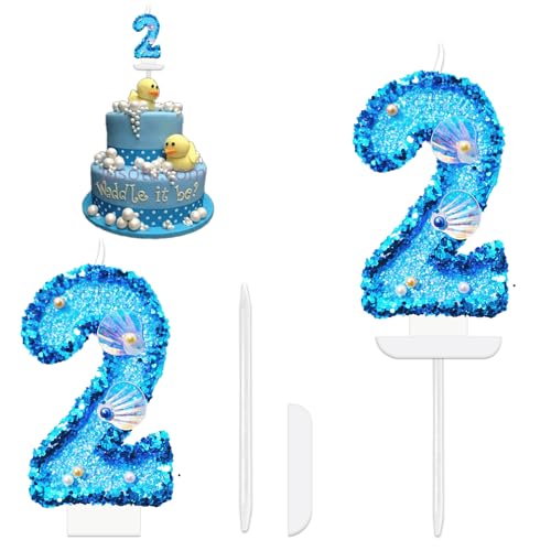 Geburtstag Nummer Kerzen, Glitzer Zahlenkerze Blau Geburtstagskerzen Zahlen, Geburtstagskuchen Kerzen mit Pailletten und Muschel für torte Geburtstag Jubiläum Meerjungfrauen-Mottoparty (Nummer 2) von Realjoy
