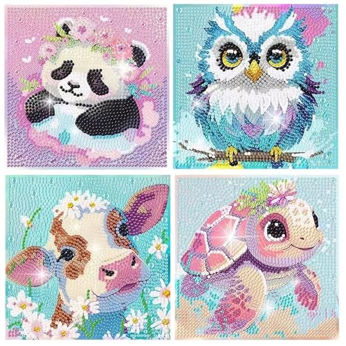 Realjoy 4er Set Diamond Painting Kinder,15x15cm Diamant Painting Bilder Kinder ab 6 7 8 9 10 11 12 Jahre,DIY Mosaik Bastelset Panda Schildkröte Eule Kuh, Weihnachts,Wanddekorationen von Realjoy