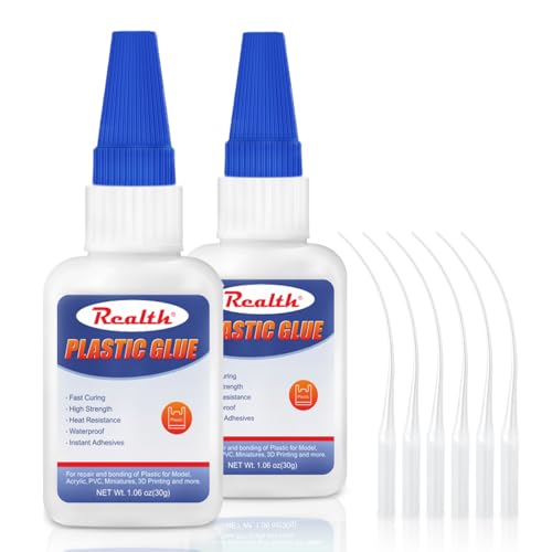 Kunststoffkleber Extra Stark | 60g Starker Klarer Kleber für Kunststoff | Soforttrocknend Hitzebeständig | Geeignet für Modell, Acryl PVC Miniaturen 3D-Druck | mit Anti-Clog Kappe (PG302) von Realth
