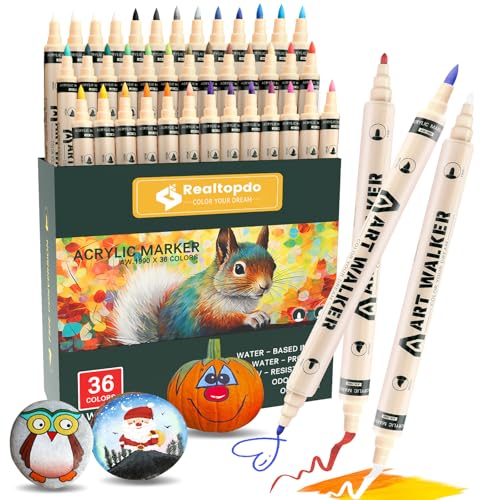 Realtopdo 36 Acrylstifte für Steine wasserfest mit Doppelspitze, Dual Tip Acrylmarker für Steine Bemalen, Acrylic Paint Marker mit 3 Reinigungsstifte für DIY Stein Stoff Holz Leinwand Glas Keramik Realtopdo 36 Acrylstifte für Steine wasserfest mit Doppelspitze, Dual Tip Acrylmarker für Steine Bemalen, Acrylic Paint Marker mit 3 Reinigungsstifte für DIY Stein Stoff Holz Leinwand Glas Keramik von Realtopdo