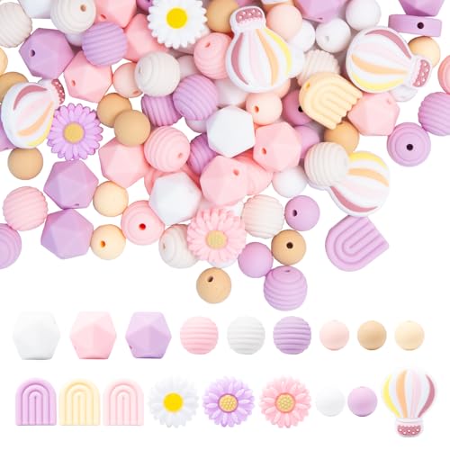 Rebanky 127 Stück Silikonperlen 12mm/14mm Bunt Silikon Bastelperlen Rund & Polygonal Gänseblümchen/Heißluftballon Silikonperlen Set mit Löchern für DIY Schmuck, Schlüsselanhänger von Rebanky