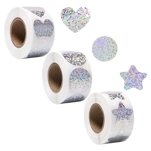 1500 Stück Silberfarbene Aufkleber Sterne, 2,5 cm, Wasserfeste Selbstklebende Metallische Glitzer Sticker, Stern, Herz, Kreis, Glitzernde Stern-Aufkleber für Kinder, Studenten, Lehrer von Rebanky