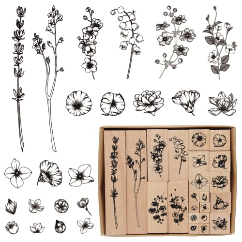 Rebanky 22 Stück Holzstempel Set mit Blumen und Pflanzen Stempelset aus Holz und Gummi zum Basteln, Dekorativ Montierte Holzstempel mit Naturmotiven für Scrapbooking & Kunsthandwerk von Rebanky