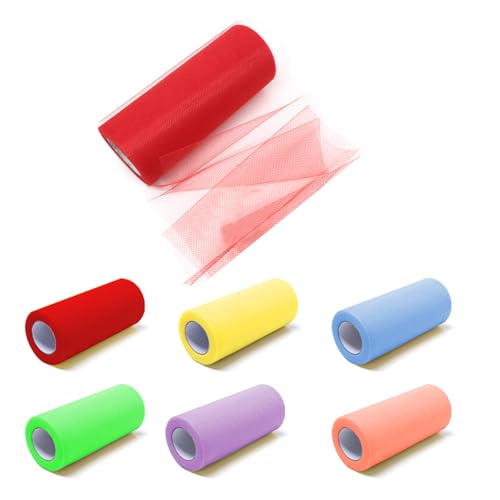 Rebanky 6 Rollen Tüll Meterware Bunt Tüllstoff Set mit Rot Mehrfarbig 15cm x 23M für Hochzeitsdeko, Partydekoration, Geschenkverpackungen, DIY Bastelprojekte von Rebanky