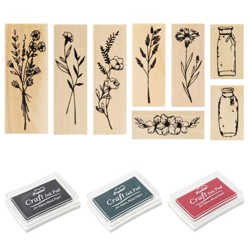 Rebanky 8 Stück Holzstempel Set Vintage Stempel Blumen und Blätter Holz Bastel Stempel Pflanzen Blatt Holzstempel Gummi Stempel für DIY Handwerk Basteln Scrapbooking von Rebanky