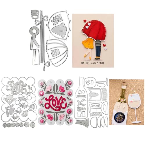 1/2/3 Stück Stanzschablonen Box Rotwein Valentinstag Liebe Blumen Stanzform, Stanzer Geschenkbox Cutting Dies Prägeschablone, DIY, dekoratives Prägen, Scrapbooking, Kartenherstellung (Drei Stile) von Recitem