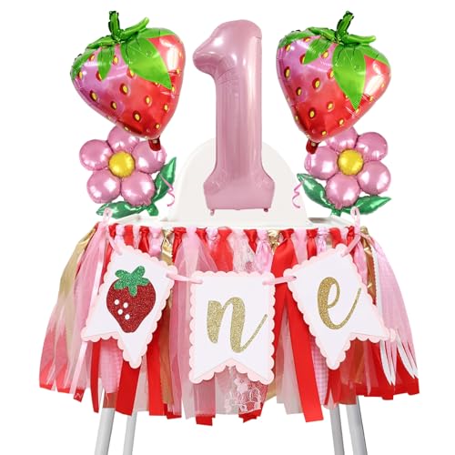 Erdbeer Hochstuhl-Banner zum ersten Geburtstag und rosa Beeren-Ballon-Set, My Berry 1. Geburtstags-Fotorequisiten, Party-Dekoration mit Erdbeer-Folienballons, Hintergrund-Tischdecke (Stil 1) von Recitem