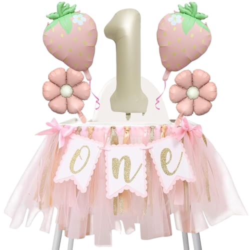 Erdbeer Hochstuhl-Banner zum ersten Geburtstag und rosa Beeren-Ballon-Set, My Berry 1. Geburtstags-Fotorequisiten, Party-Dekoration mit Erdbeer-Folienballons, Hintergrund-Tischdecke (Stil 3) von Recitem