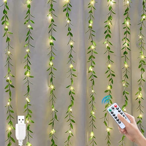 Recitem 10 Stück Efeu Künstlich Lichterkette, Efeugirlande mit 100 LEDs Lichterketten, Vorhang Led für Hochzeit Büro Garten Party Wanddekoration (Weidenblätter) von Recitem