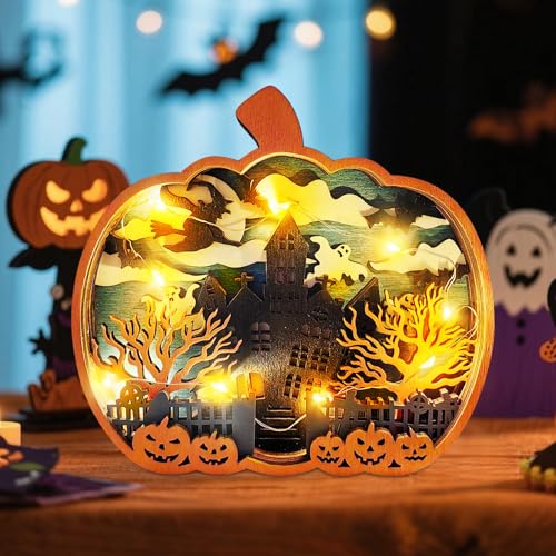 Recitem Kreative Kürbislaternen Dekoration – Geschnitzte Holzmuster, einzigartige Dekoration für Halloween Feiern mit Lampe (Stil A) von Recitem