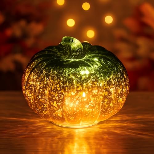 Recitem LED Kürbis Glas 15cm mit Golden-Orange Farbwechsel - Batteriebetriebene Laterne für Herbst Halloween Beleuchtung (A) von Recitem