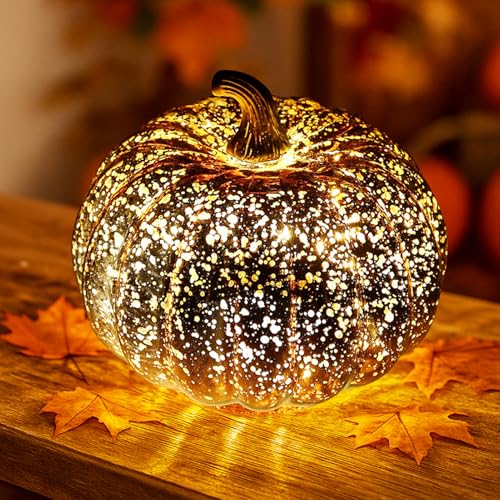 Recitem LED Kürbis Glas 15cm mit Golden-Orange Farbwechsel - Batteriebetriebene Laterne für Herbst Halloween Beleuchtung (B) von Recitem
