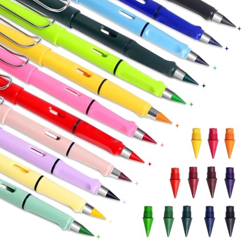 Recitem Magische Buntstifte, 12er-Pack – Metall-Ewige Buntstifte mit austauschbaren Spitzen und Radiergummi, ideal für Kinder, Schüler, Schule & Büro (Set 1) von Recitem
