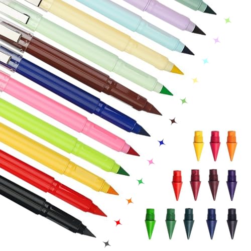 Recitem Magische Buntstifte, 12er-Pack – Metall-Ewige Buntstifte mit austauschbaren Spitzen und Radiergummi, ideal für Kinder, Schüler, Schule & Büro (Set 2) von Recitem