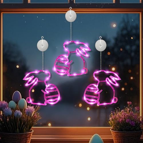 Recitem Osterdeko Fenster Licht, 3 Stück Osterhasen Deko Fenster Lichterkette Batteriebetriebene, Ostern Deko Hängende Lichterkette mit Saugnapf, LED Lichterkette für Ostern Heimdeko (Set 2) von Recitem