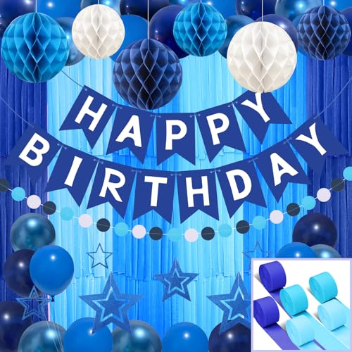 Geburtstag Marineblau Party Dekoration, Recosis Happy Birthday Banner Girlande mit Seidenpapier Pompoms und Luftballons für Mädchen und Jungen Jeden Alters Geburtstag Marineblau Party Dekoration, Recosis Happy Birthday Banner Girlande mit Seidenpapier Pompoms und Luftballons für Mädchen und Jungen Jeden Alters von Recosis