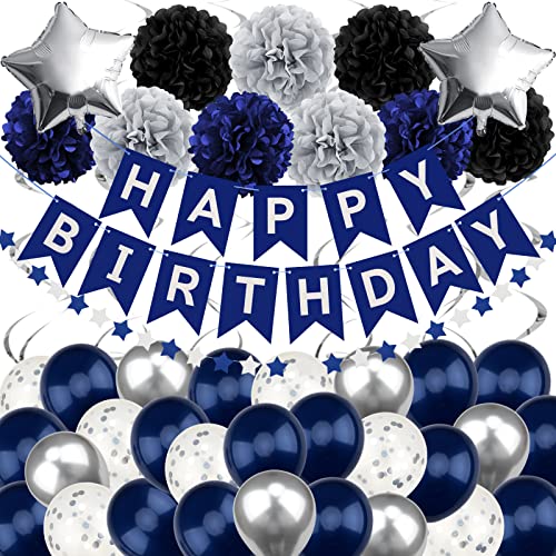 Recosis Marineblau Geburtstagsdeko, Happy Birthday Banner mit Pompoms Papier Girlande Wimpel Spiral und Luftballon Kindergeburtstag für Mädchen Junge Mann Frauen Geburtstags Dekorationen von Recosis