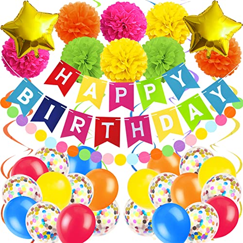 Recosis Mehrfarbig Geburtstagsdeko, Happy Birthday Banner mit Pompoms Papier Girlande Wimpel Spiral und Luftballon Kindergeburtstag für Mädchen Junge Mann Frauen Geburtstags Dekorationen von Recosis