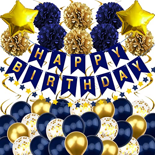 Recosis Marineblau Gold Geburtstagsdeko, Happy Birthday Banner mit Pompoms Papier Girlande Wimpel Spiral und Luftballon Kindergeburtstag für Mädchen Junge Mann Frauen Geburtstags Dekorationen von Recosis