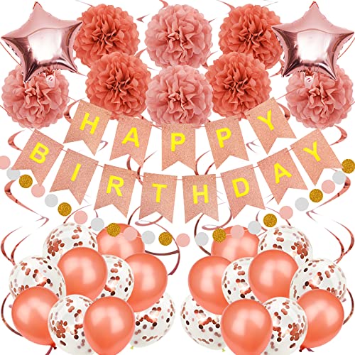 Recosis Rosegold Geburtstagsdeko, Happy Birthday Banner mit Pompoms Papier Girlande Wimpel Spiral und Luftballon Kindergeburtstag für Mädchen Junge Mann Frauen Geburtstags Dekorationen von Recosis