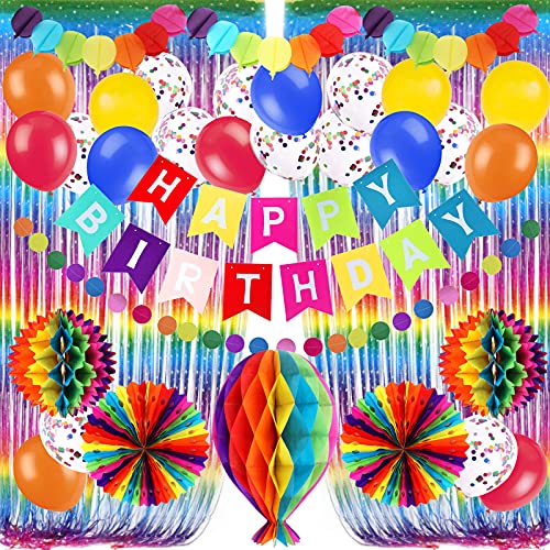 Recosis Bunte Geburtstagsdekorationen, Happy Birthday Banner Regenbogenfolie Fransen Vorhang Fiesta Hängende Papierfächer Pompons Papier Luftballon Konfetti Luftballons Geburtstagsfeier Dekorationen von Recosis