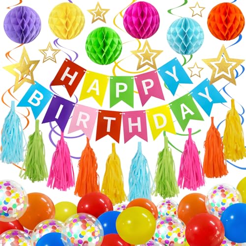 Premium Wiederverwendbare Geburtstags Dekoration Set - Bunte Happy Birthday Banner, Ballons, Quaste, Hängende Wirbel Streamer, Waben Mehrfarbig Dekorationen (Regenbogen Party Dekorationen) von Recosis