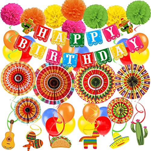 Recosis Fiesta Geburtstag Dekorationen, Mexikanische Themen Happy Birthday Banner Papier Pompoms Mexiko Fans Fiesta Dekorationen Ballons Geburtstag Party Dekorationen von Recosis