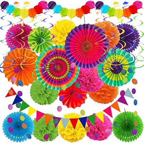 Recosis Fiesta Partydekorationen, Mehrfarbige Papierfächer Pompons Papierballongirlanden hängende Wirbel Dekorationen für Fiestageschenke Mexikanische Cinco De Mayo Taco Geburtstagspartyzubehör von Recosis