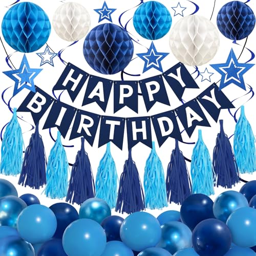 Marineblaue Geburtstags Dekorationen - Happy Birthday Girlande Party Zubehör mit Wabenball, Quaste, Hängende Wirbel Streamer, Ballon Blue Party Dekoration für Jungen Männer Enfant Marineblaue Geburtstags Dekorationen - Happy Birthday Girlande Party Zubehör mit Wabenball, Quaste, Hängende Wirbel Streamer, Ballon Blue Party Dekoration für Jungen Männer Enfant von Recosis