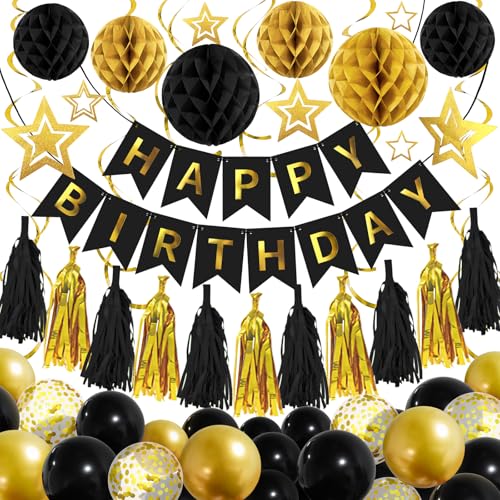 Schwarz Gold Geburtstag Dekorationen - Happy Birthday Girlande Party Zubehör mit Wabenball, Quaste, Hängende Wirbel Streamer, Ballon für Männer Frauen Geburtstag Party Dekorationen von Recosis