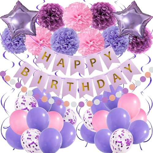 Recosis Geburtstagsdeko, Happy Birthday Banner mit Pompoms Papier Girlande Wimpel Spiral und Luftballon Kindergeburtstag für Mädchen Junge Mann Frauen Geburtstags Dekorationen (Violett Rosa) von Recosis