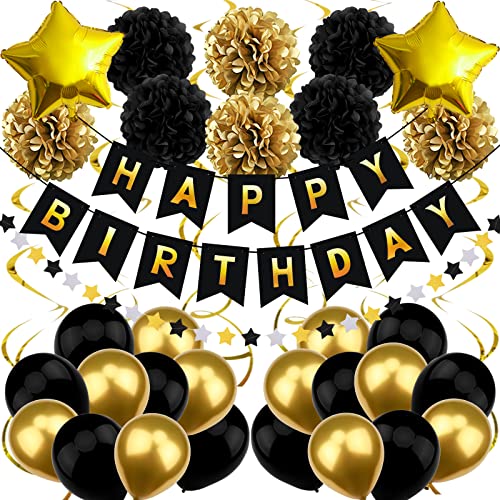 Recosis Geburtstagsdeko Schwarz Gold, Happy Birthday Banner mit Pompoms Papier Girlande Wimpel Spiral und Luftballon Kindergeburtstag für Mädchen Junge Mann Frauen Geburtstags Dekorationen Recosis Geburtstagsdeko Schwarz Gold, Happy Birthday Banner mit Pompoms Papier Girlande Wimpel Spiral und Luftballon Kindergeburtstag für Mädchen Junge Mann Frauen Geburtstags Dekorationen von Recosis