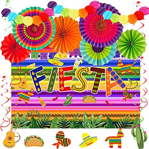 Recosis Mexikanische Party Dekorationen, Mehrfarbig Fotohintergrund Fiesta Papier Pompom Fächer Hanging Wirbel Girlande für Cinco De Mayo Taco Bout Party Mexikanisches Thema Geburtstag von Recosis