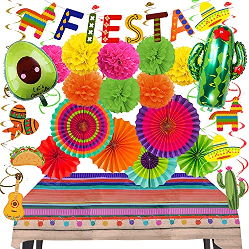 Recosis Party Dekorationen, Mehrfarbig Papier Pompom Aufhängen Fächer Fiesta Banner Tischdecke Hanging Wirbel Girlande Kaktu Avocado für Cinco De Mayo Taco Bout Party Mexikanisches Thema Geburtstag von Recosis