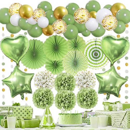Recosis Salbei Grün Dekorationen - Papier Fächer, Pom Poms, Girlande, Ballon - Olivgrün Deko für Geburtstag, Party, Babydusche - Mädchen Partydeko Recosis Salbei Grün Dekorationen - Papier Fächer, Pom Poms, Girlande, Ballon - Olivgrün Deko für Geburtstag, Party, Babydusche - Mädchen Partydeko von Recosis