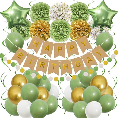 Recosis Geburtstagsdeko, Happy Birthday Banner mit Pompoms Papier Girlande Wimpel Spiral und Luftballon Kindergeburtstag für Mädchen Junge Mann Frauen Geburtstags Dekorationen (Salbei Grün) Recosis Geburtstagsdeko, Happy Birthday Banner mit Pompoms Papier Girlande Wimpel Spiral und Luftballon Kindergeburtstag für Mädchen Junge Mann Frauen Geburtstags Dekorationen (Salbei Grün) von Recosis