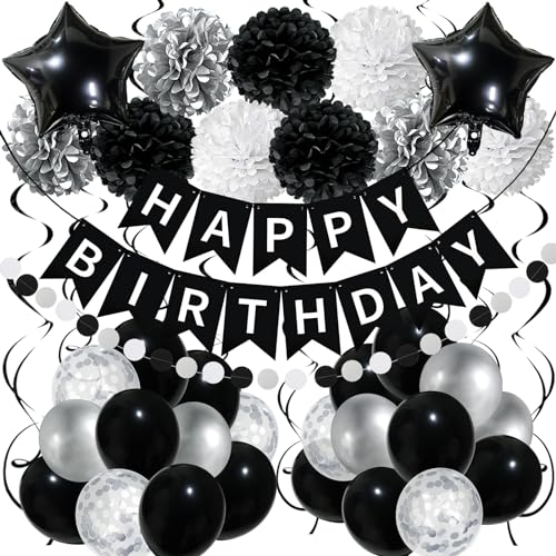 Recosis Geburtstagsdeko, Happy Birthday Banner mit Pompoms Papier Girlande Wimpel Spiral und Luftballon Kindergeburtstag für Mädchen Junge Mann Frauen Geburtstags Dekorationen (Schwarz Weiß) Recosis Geburtstagsdeko, Happy Birthday Banner mit Pompoms Papier Girlande Wimpel Spiral und Luftballon Kindergeburtstag für Mädchen Junge Mann Frauen Geburtstags Dekorationen (Schwarz Weiß) von Recosis